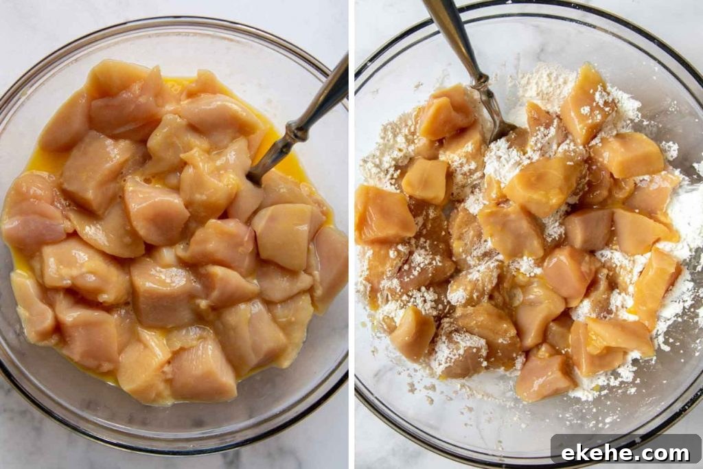 images showing how to dredge chicken in cornstarch