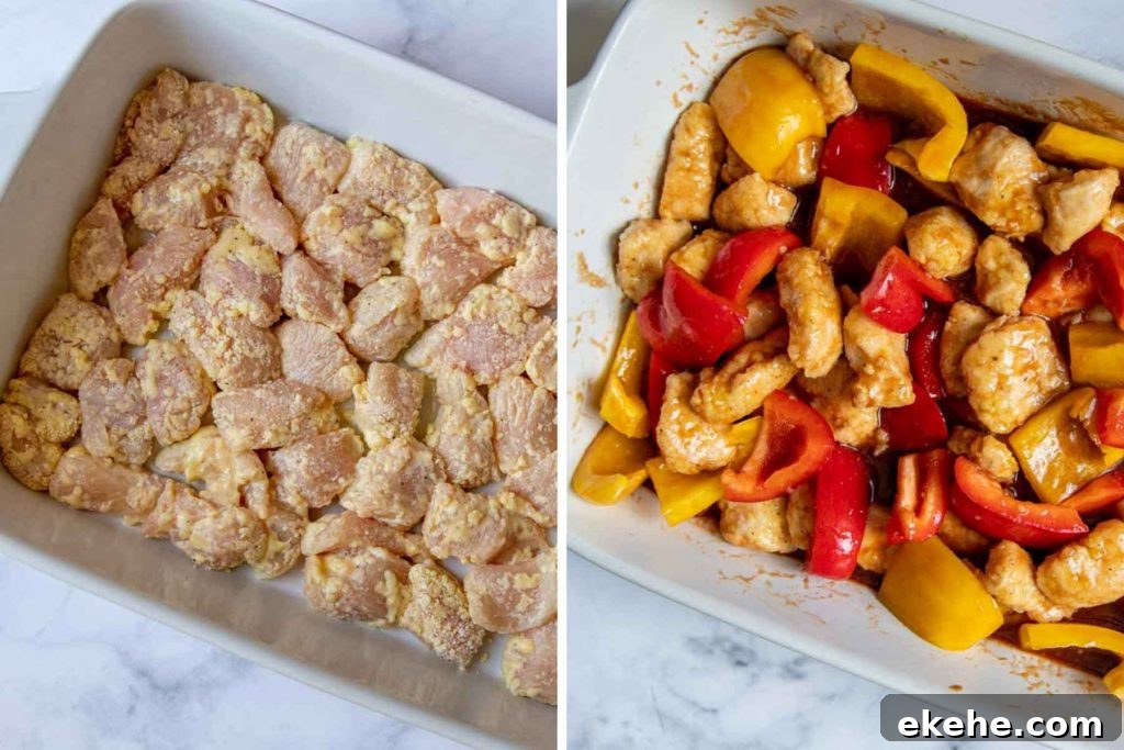 images showing unbaked chicken in dish and with peppers