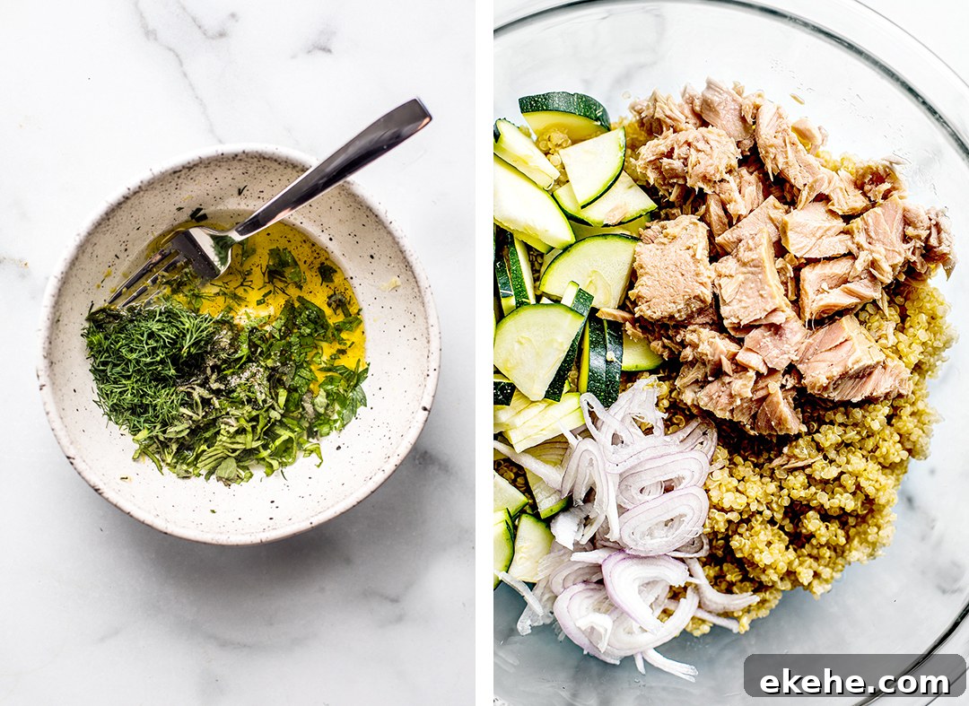 Collage: Left photo of bowl of dressing, right photo bowl full of salad ingredients.