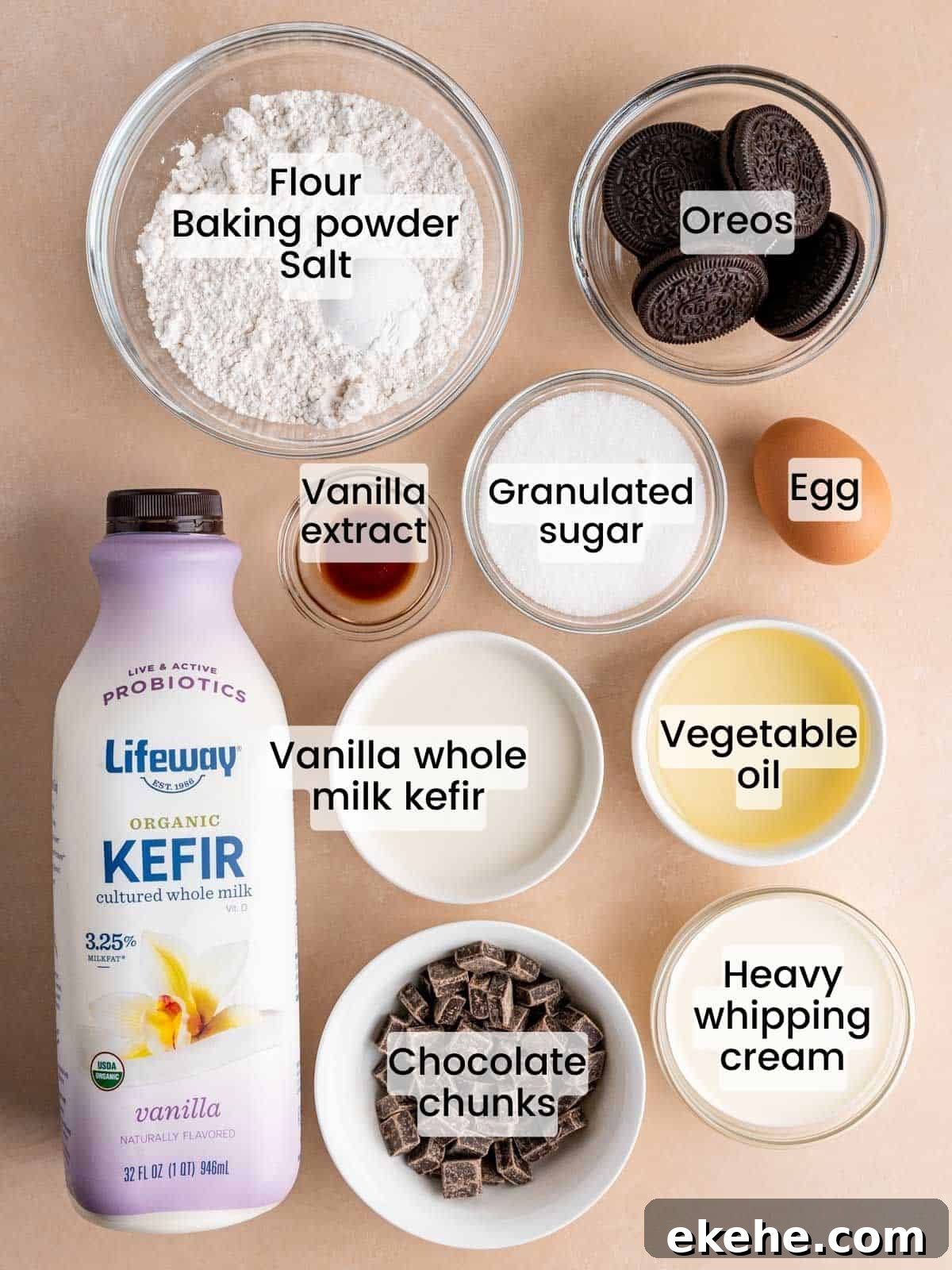 Ingredients needed to make cookies and cream donuts with chocolate ganache.