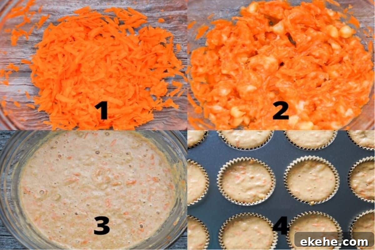 Four photos reflecting step by step instructions: grated carrots, carrots and bananas mashed together, all ingredients mixed together in a glass bowl, and lined muffin tin filled with batter.