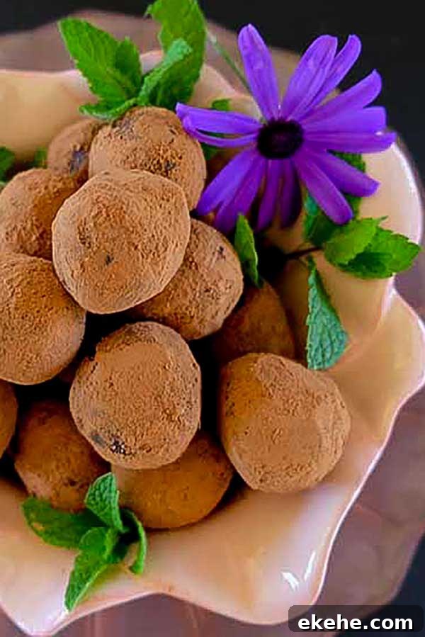 tropical chocolate rum balls in a bowl