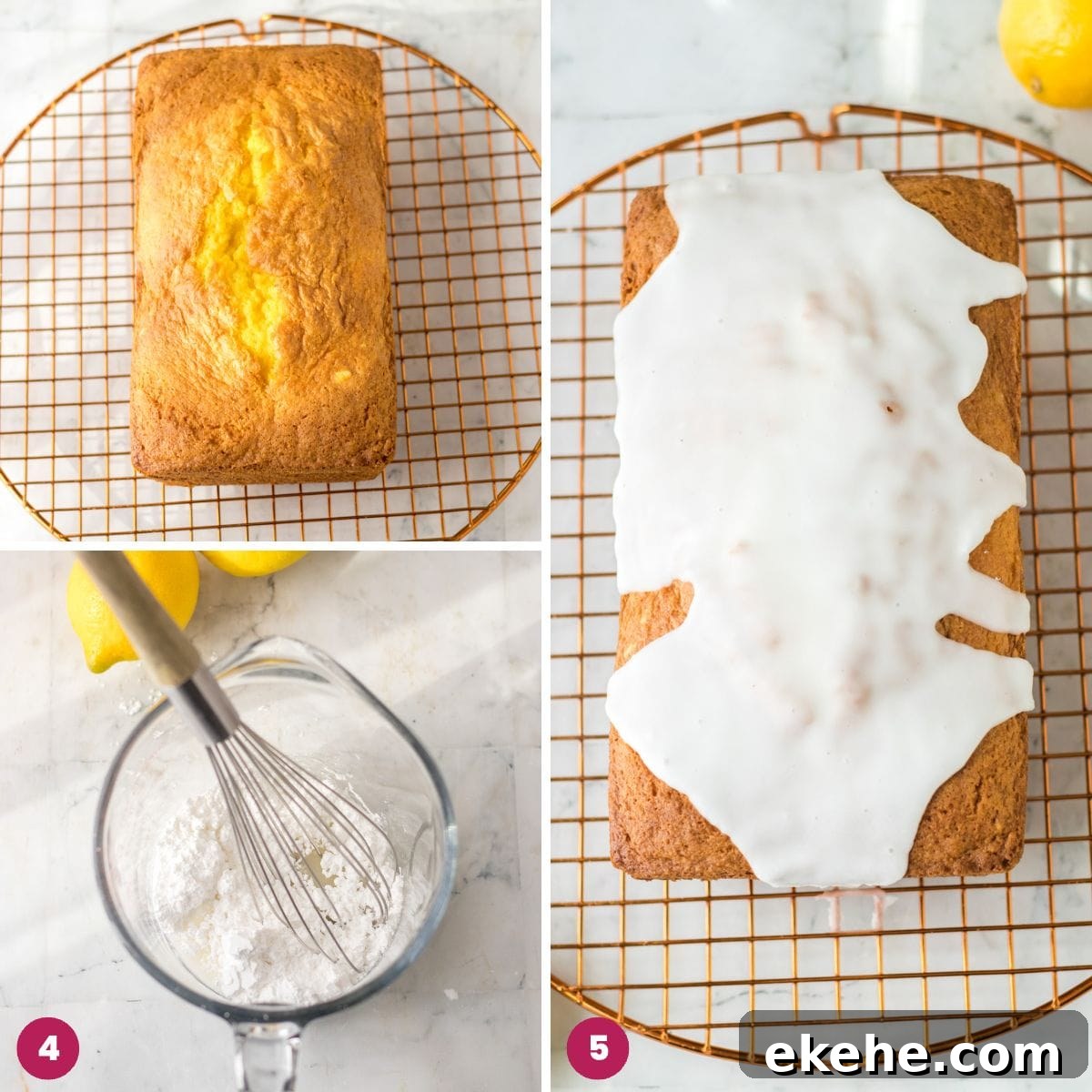 Collage of 3 images showing how to bake the lemon cheesecake loaf, make the icing and adding it to the cake