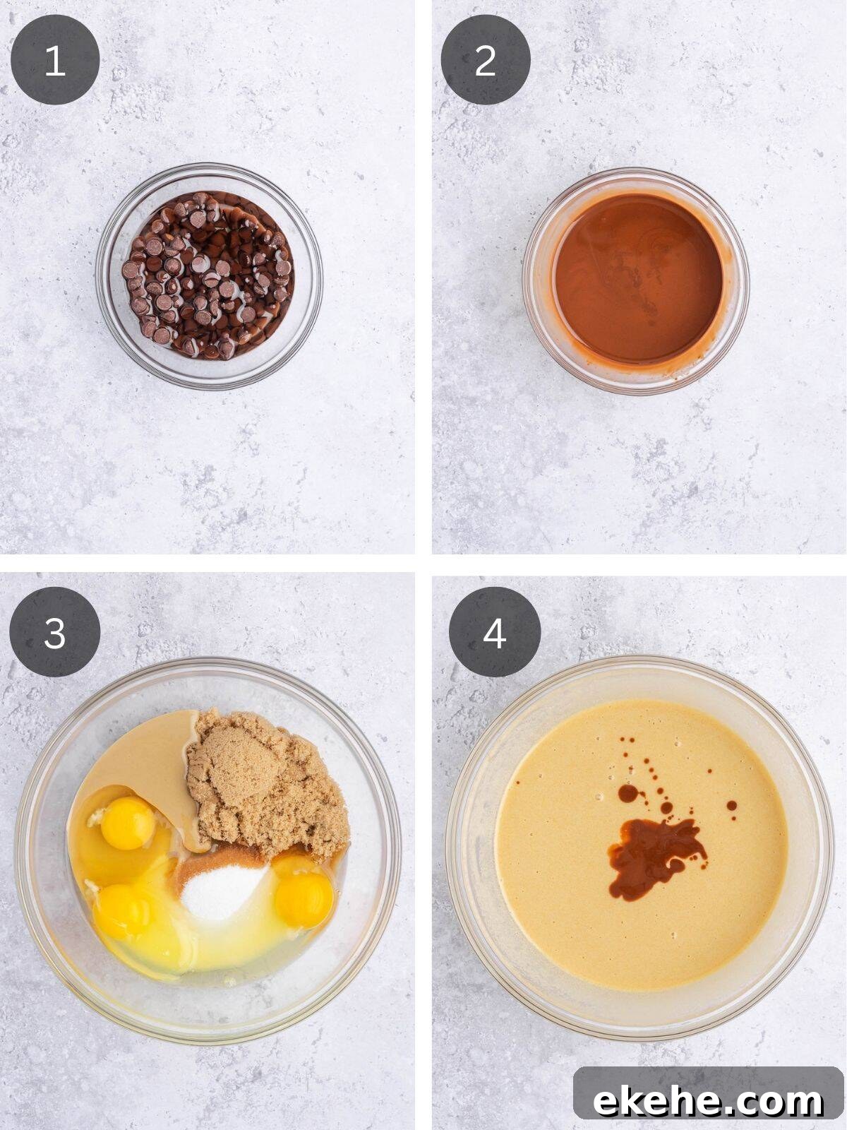 Recipe steps showing the melting of the chocolate base, and the preparation of the wet ingredients in a large bowl.