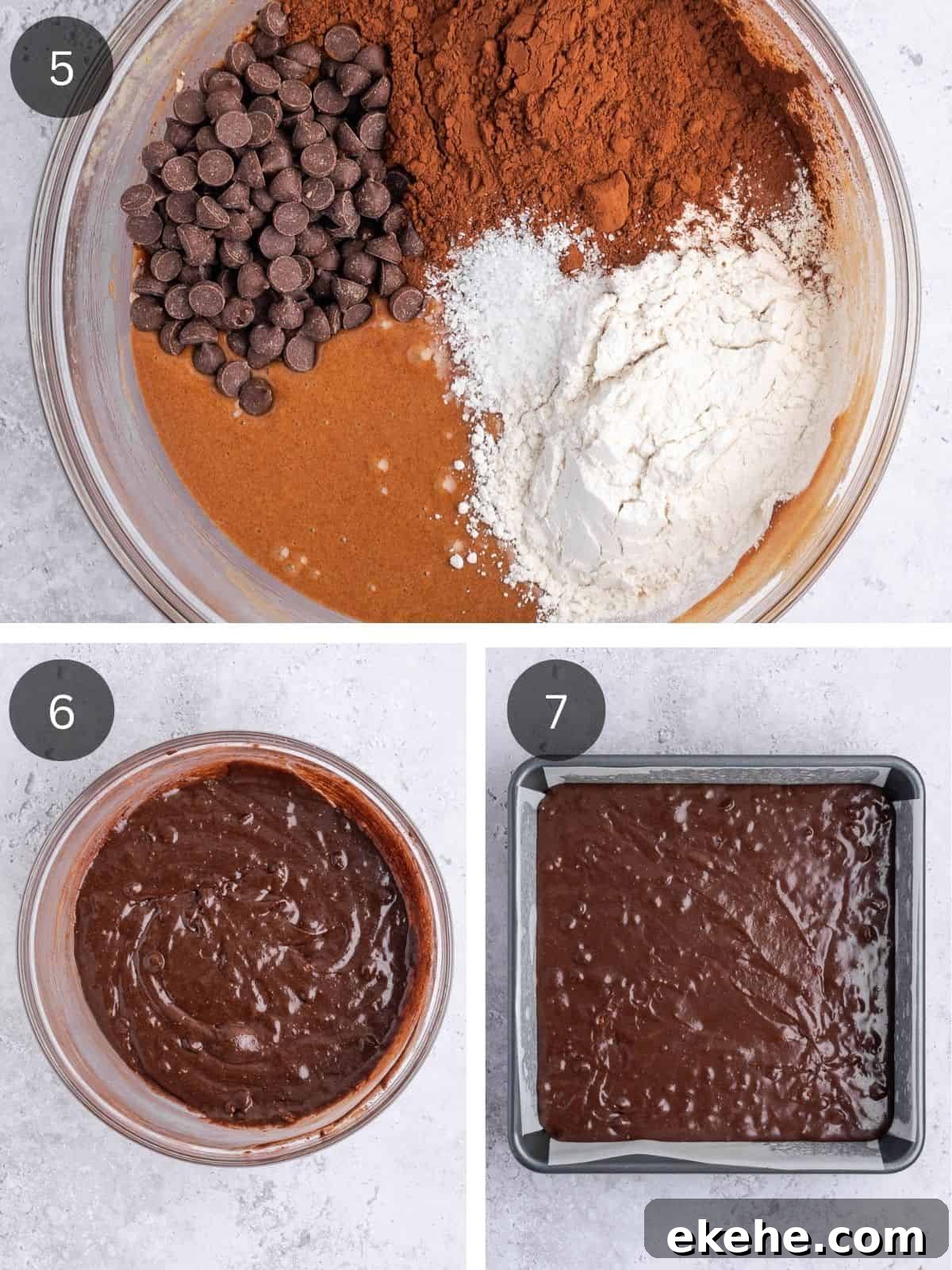 Recipe steps showing the addition of the dry ingredients to the wet base and adding the brownie mix to the parchment paper-lined baking tray.