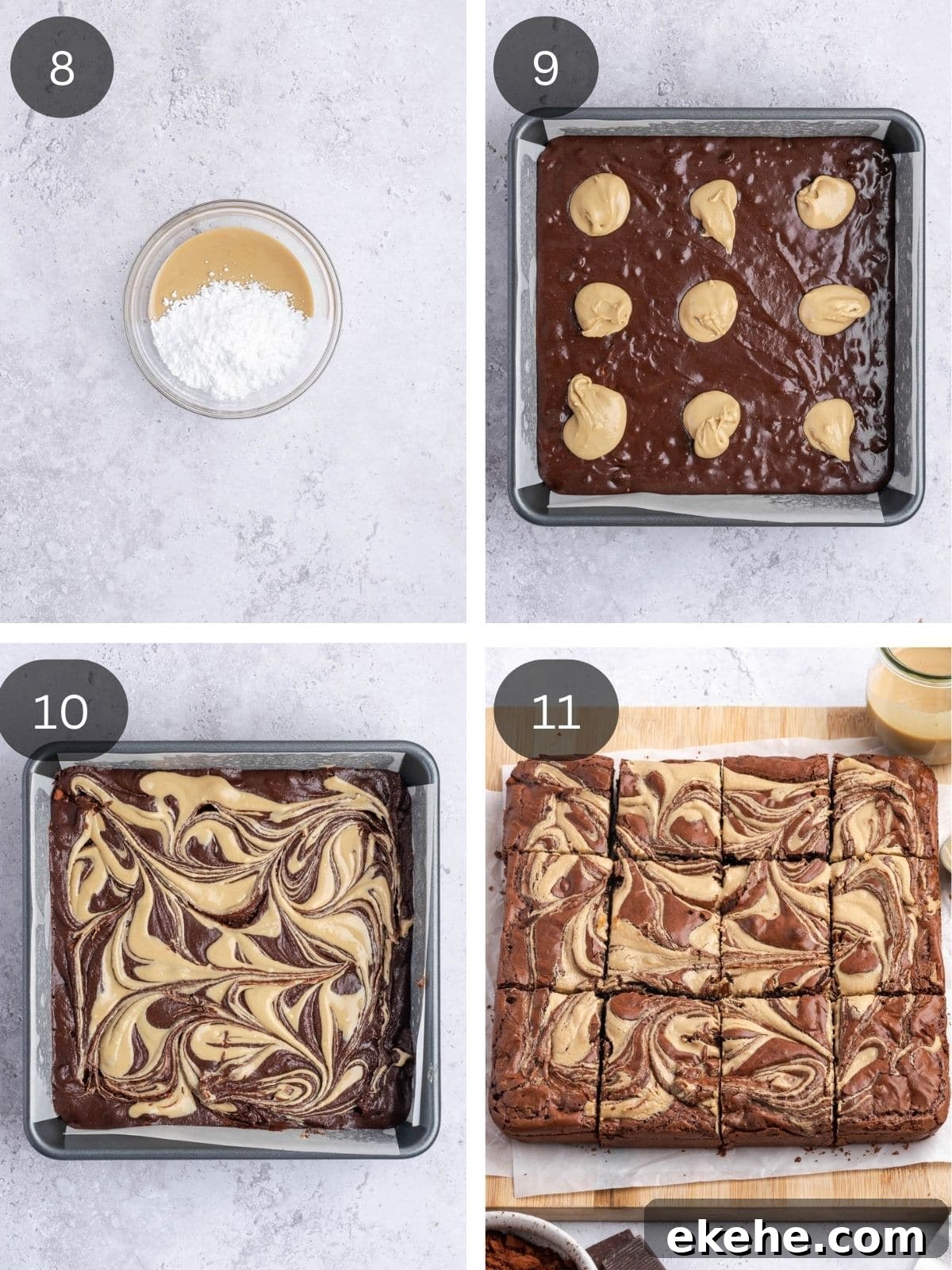 Recipe steps showing the making of the tahini swirl and how it gets added to the raw brownie mix.