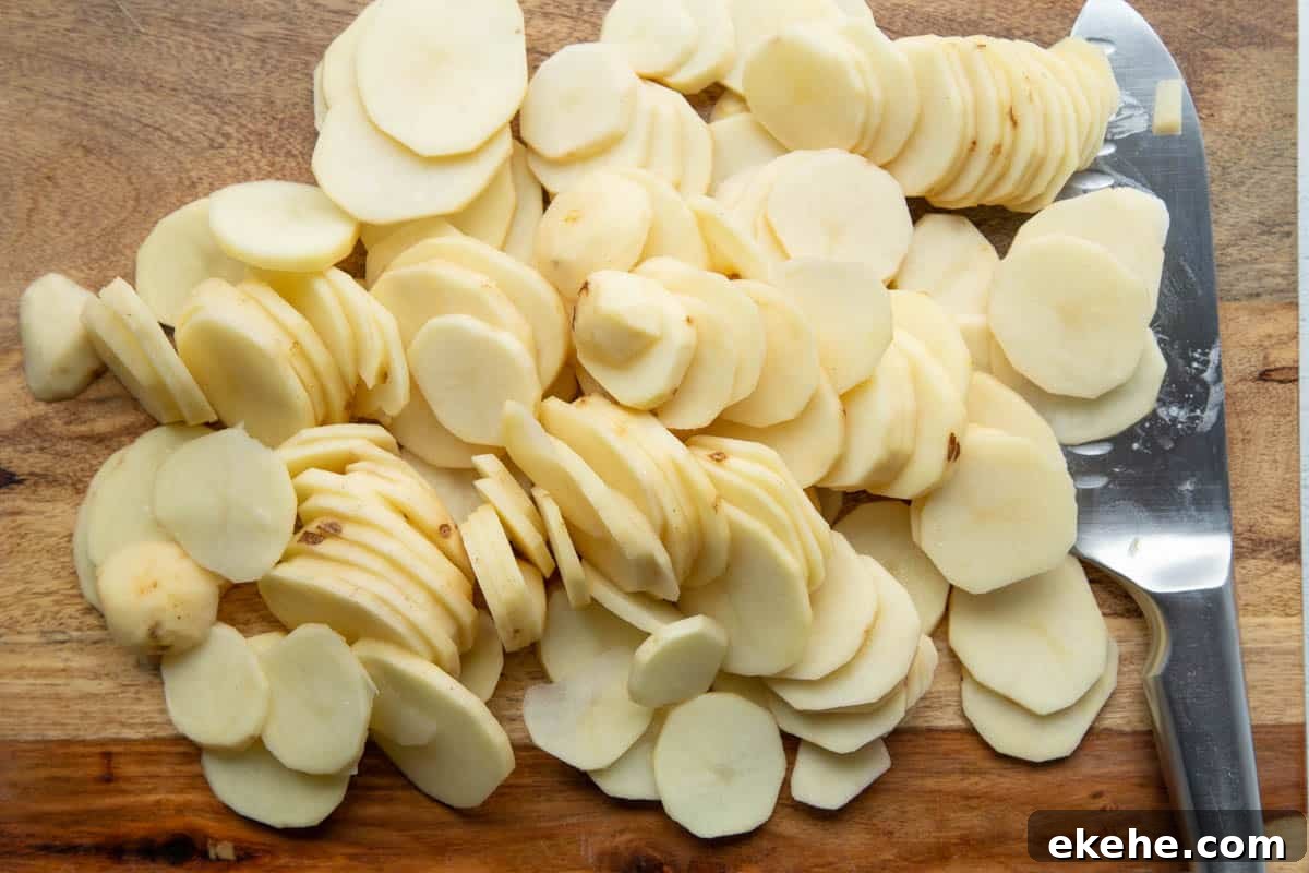 thinly sliced potatoes on a wooden cutting board next to a knife.
