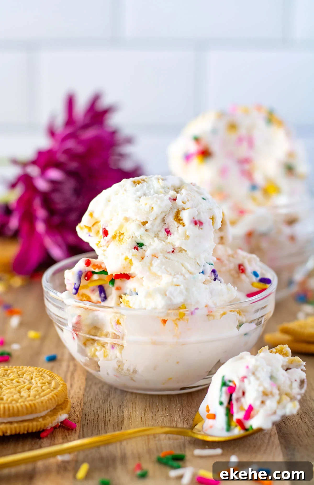 Funfetti Golden Oreo Ice Cream served in a glass dessert bowl.
