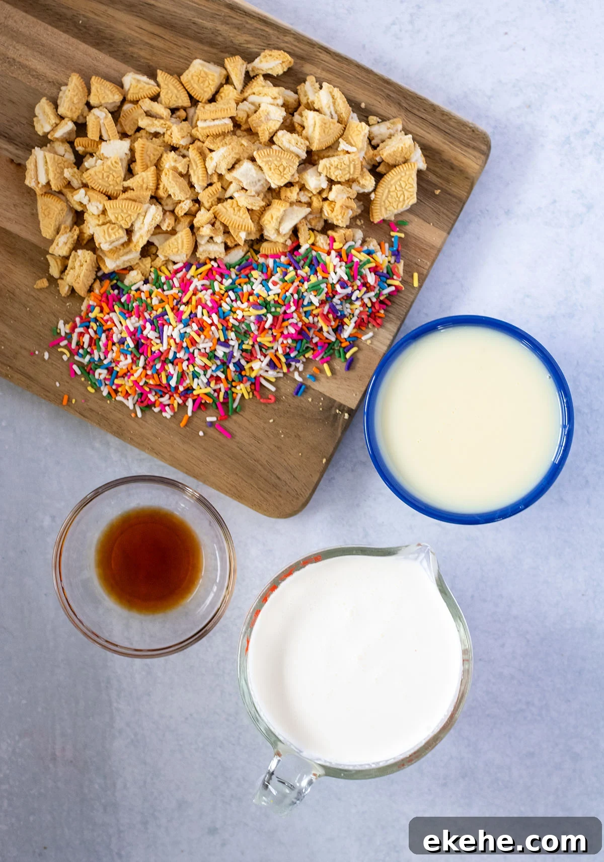 Ingredients to make Golden Oreo Ice Cream set out on the counter.