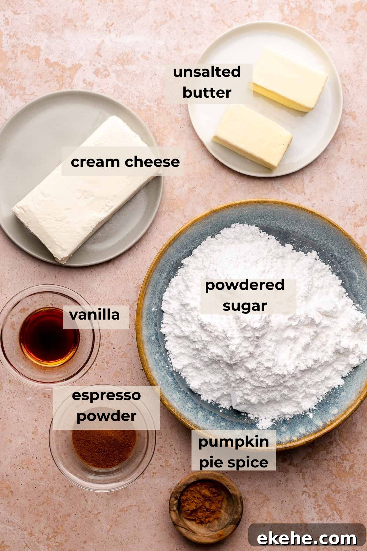 Ingredients for pumpkin spice latte cake frosting.