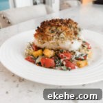 The finished Broiled Panko Halibut accompanied with a tropical salsa