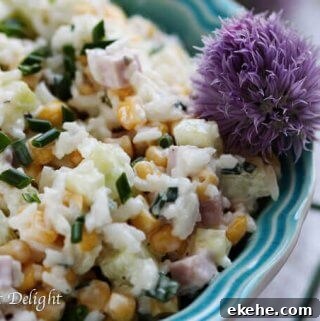 Rice Salad with Corn, Ham, Cucumber and Chives - super easy and refreshing salad that can easily replace your potato or pasta salad for the next BBQ gathering.