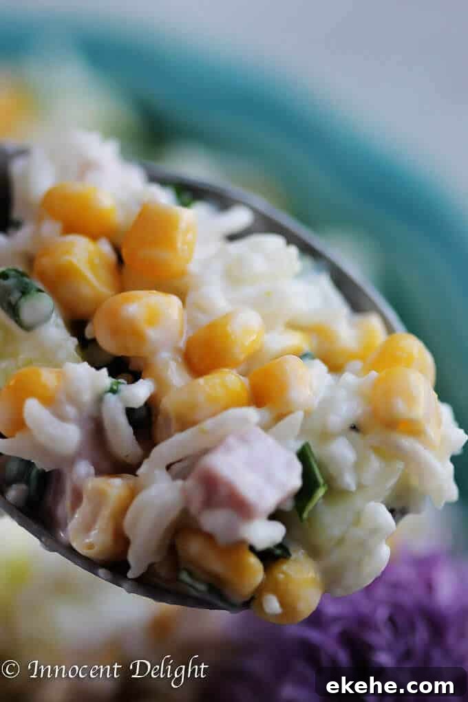 Rice Salad with Corn, Ham, Cucumber and Chives - super easy and refreshing salad that can easily replace your potato or pasta salad for the next BBQ gathering.