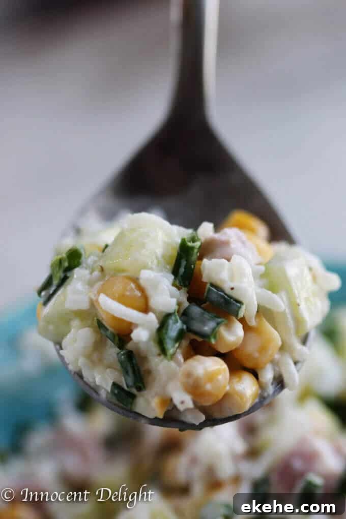 Rice Salad with Corn, Ham, Cucumber and Chives - super easy and refreshing salad that can easily replace your potato or pasta salad for the next BBQ gathering.