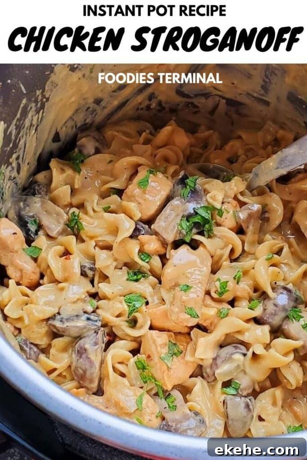 chicken mushroom stroganoff instant pot recipe garnished with parsley