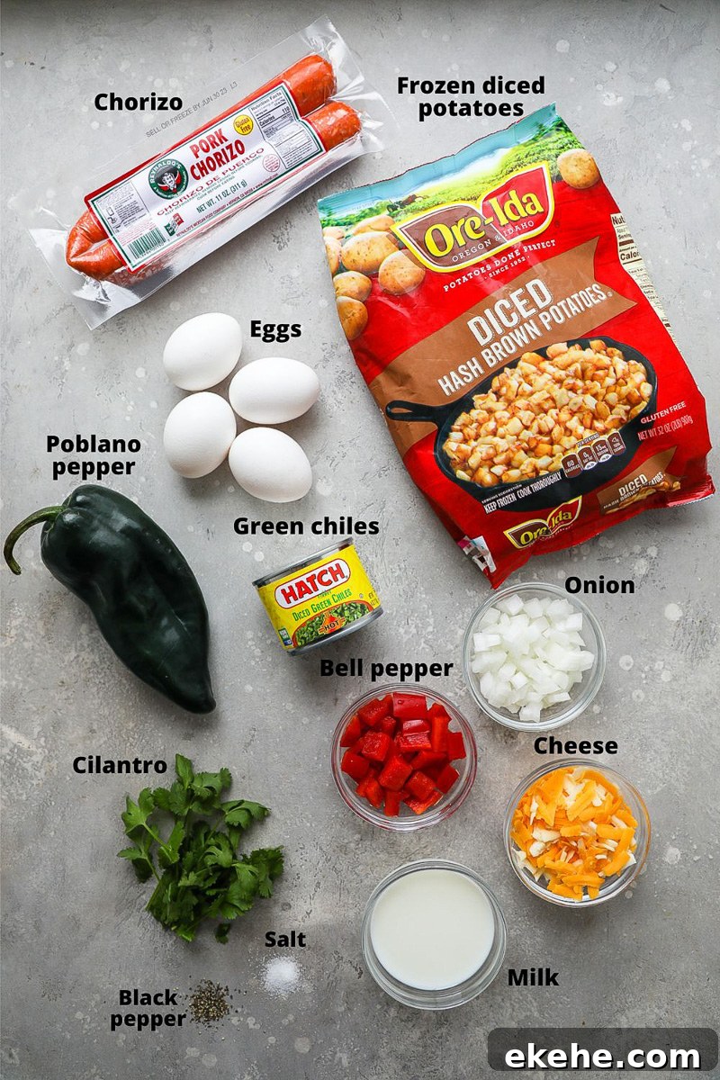 Ingredients used to make a chorizo and potato egg casserole