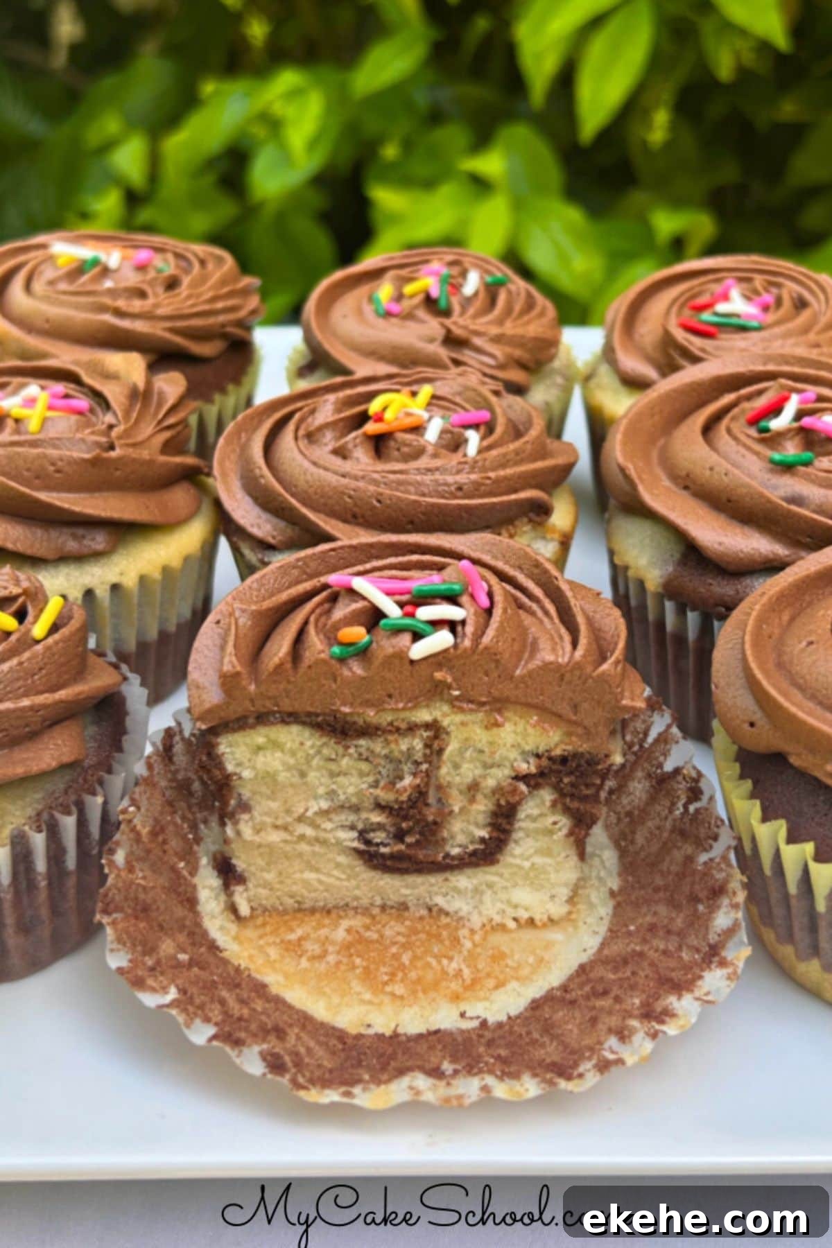 Marble Cupcakes on a cake platter, topped with chocolate frosting and colorful sprinkles.