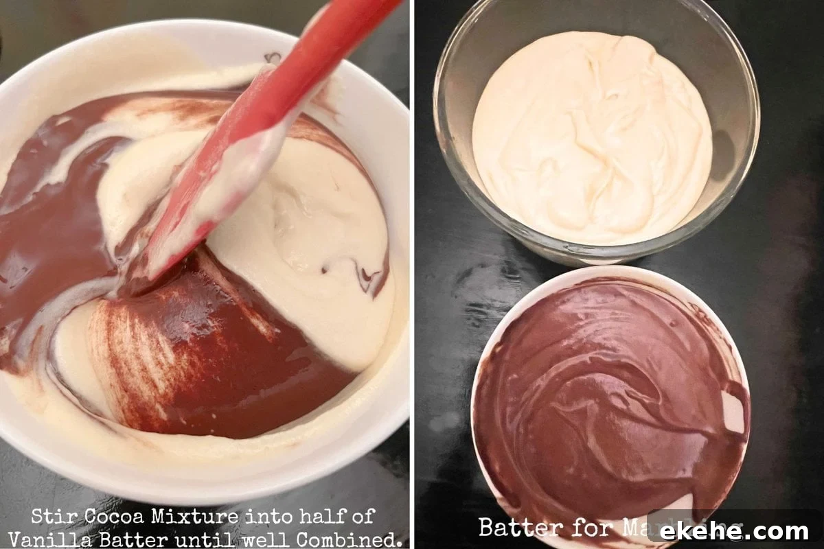 Photo grid for adding cocoa and water mixture to the vanilla cake batter.