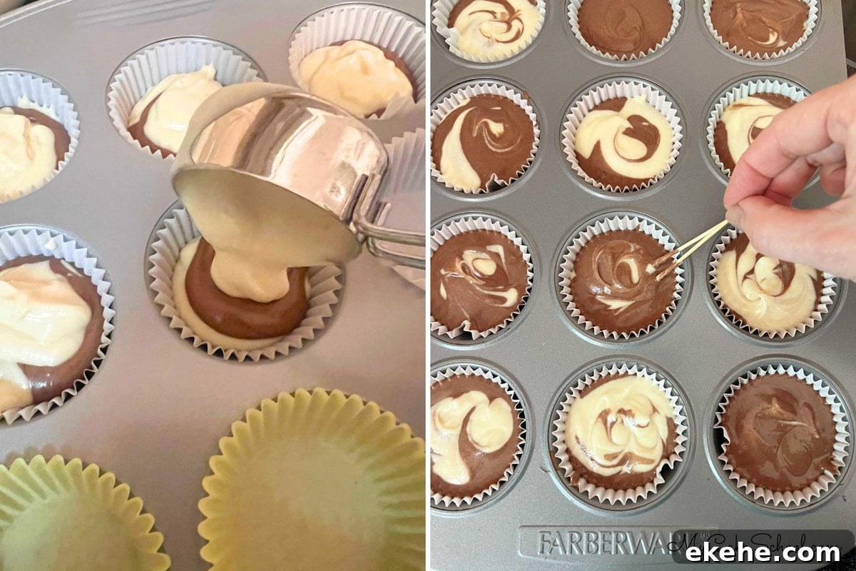 Photo grid for filling cupcake liners with chocolate and vanilla batter, then swirling with toothpick.