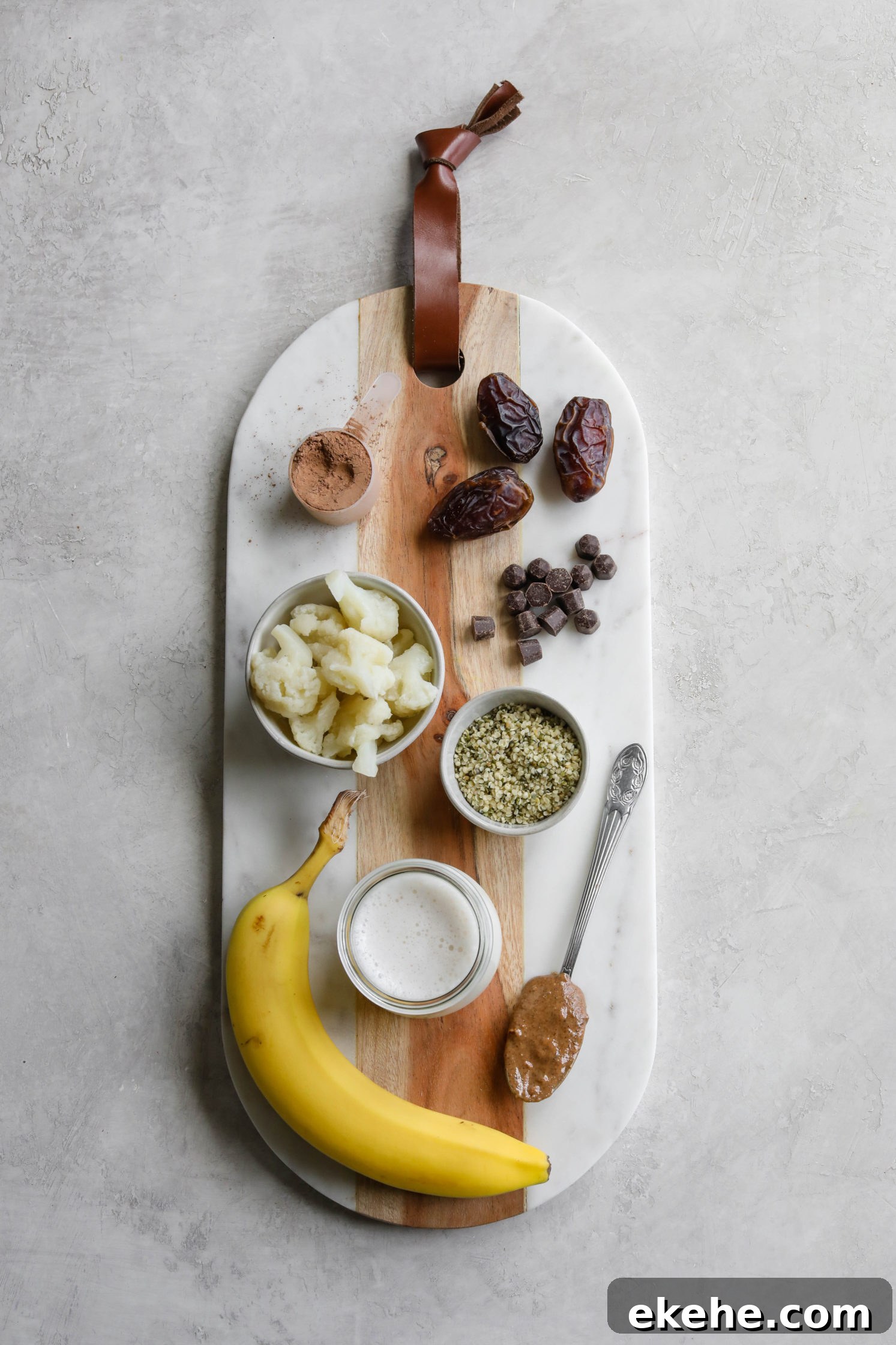 Healthy Vegan Chocolate Frosty Ingredients on marble board