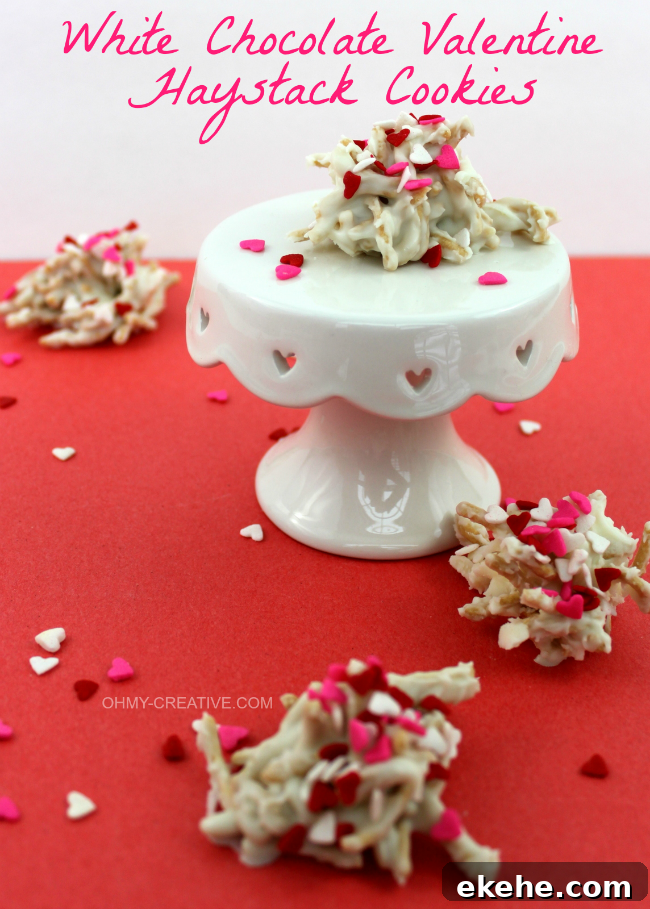 White Chocolate Valentine Haystacks Cookies with sprinkles