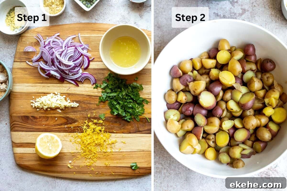Steps to make this recipe o a cutting board and with a large white bowl. 