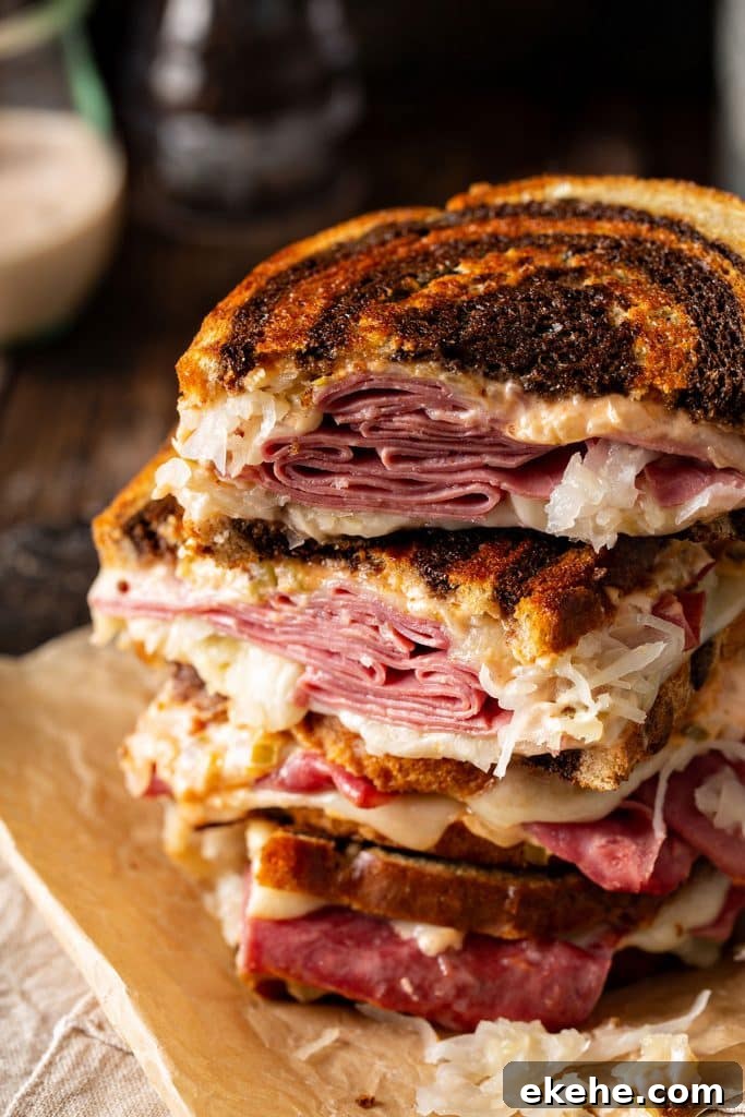 Cut up grilled corned beef sandwich 