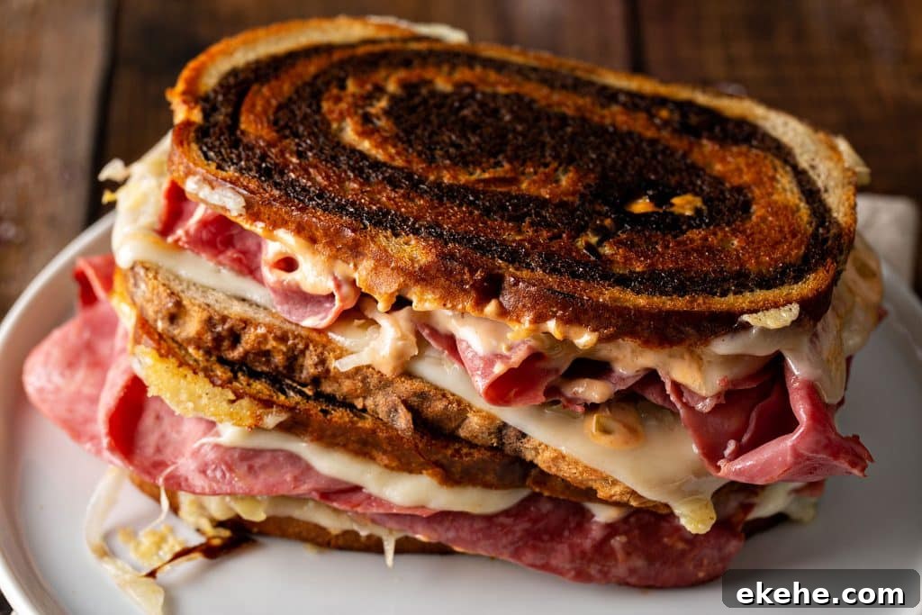 a close up view of a reuben sandwich 