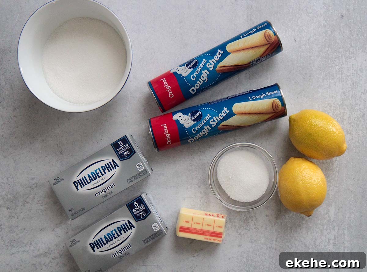 ingredients, cream cheese, lemons, sugar, butter, and crescent dough cans. 