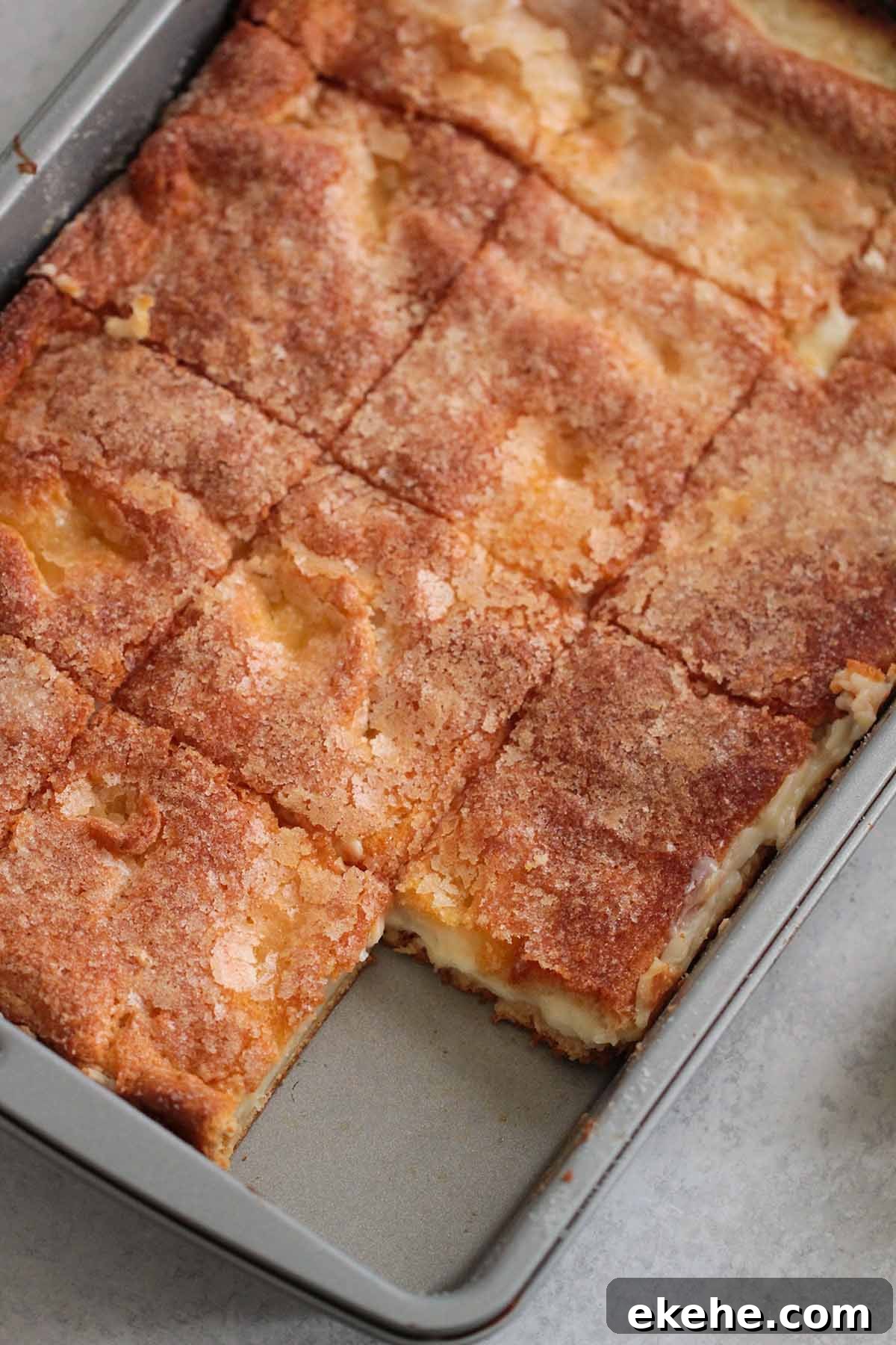 lemon cream cheese bars in a 9x13 baking dish. 