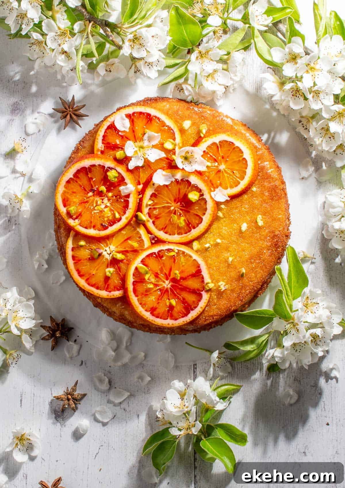 Tunisian cake with sliced oranges on top, surrounded by blossoms.