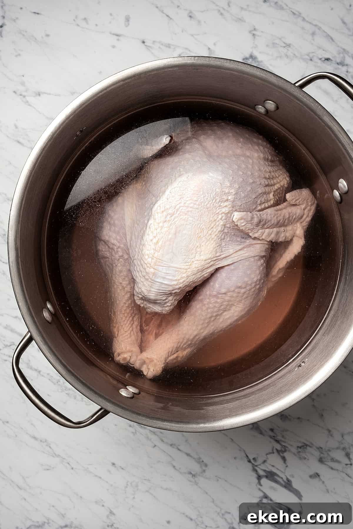 A whole turkey in a large stockpot of brine.