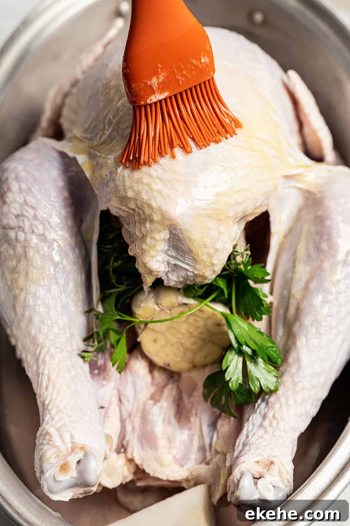 Brushing the turkey breast with a basting brush.
