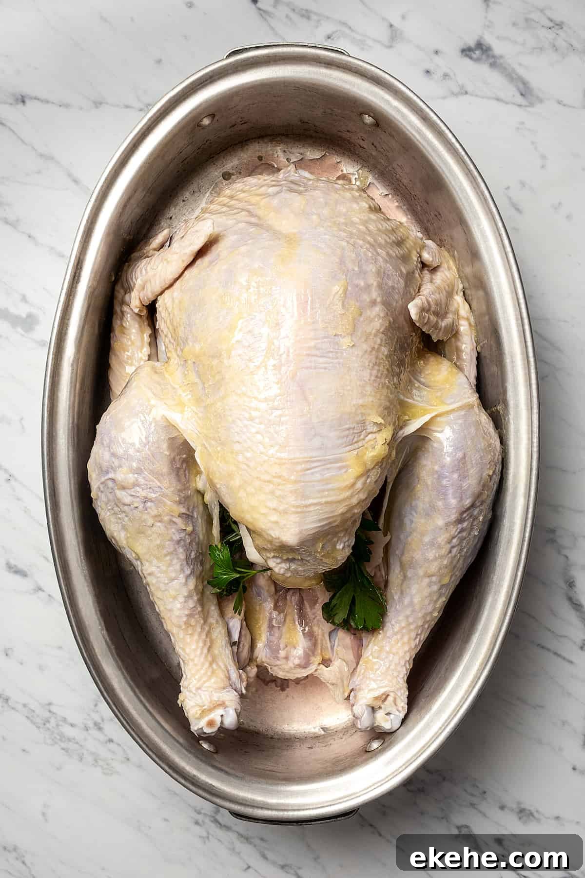 A whole turkey in a roasting pan, with aromatics in the cavity and butter brushed all over, ready for roasting.