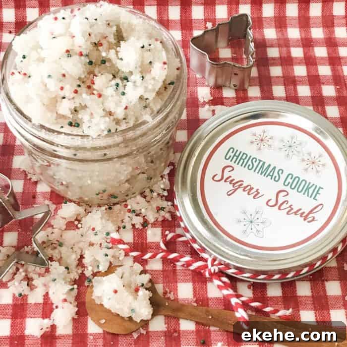 Christmas Cookie Sugar Scrub in jar, next to lid with custom label