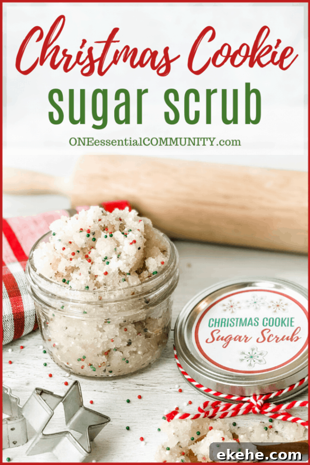 Christmas Cookie Sugar Scrub in glass jar next to lid with custom label, accented with rolling pin, cookie cutter, wooden spoon with additional scrub