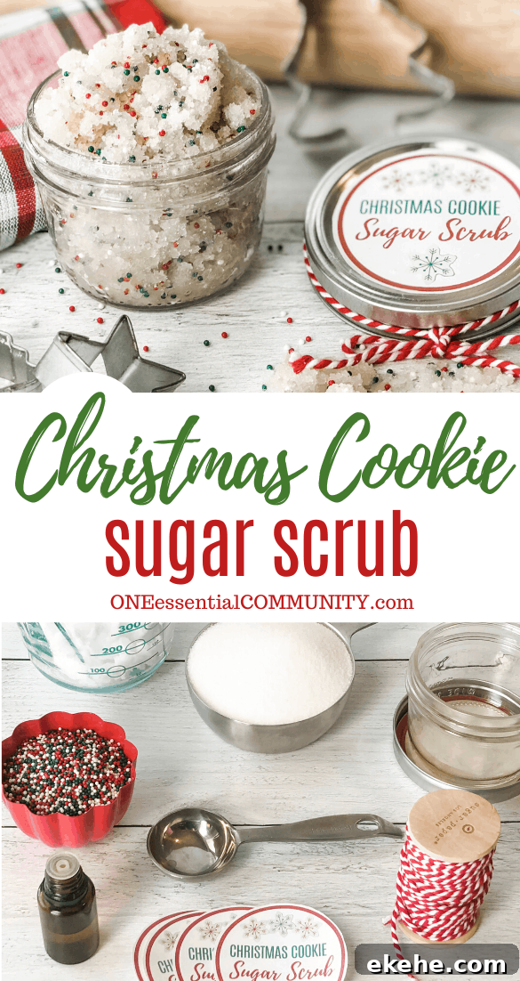 Sugar Scrub ingredients and tools display of coconut oil in measuring cup, organic non-gmo sugar in measuring spoon, red and green nonpareil sprinkles in cup, vanilla oleoresin in dropper bottle, wooden spoon, and custom lid labels