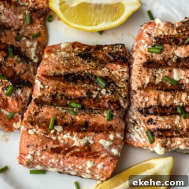 Close up image of grilled salmon.