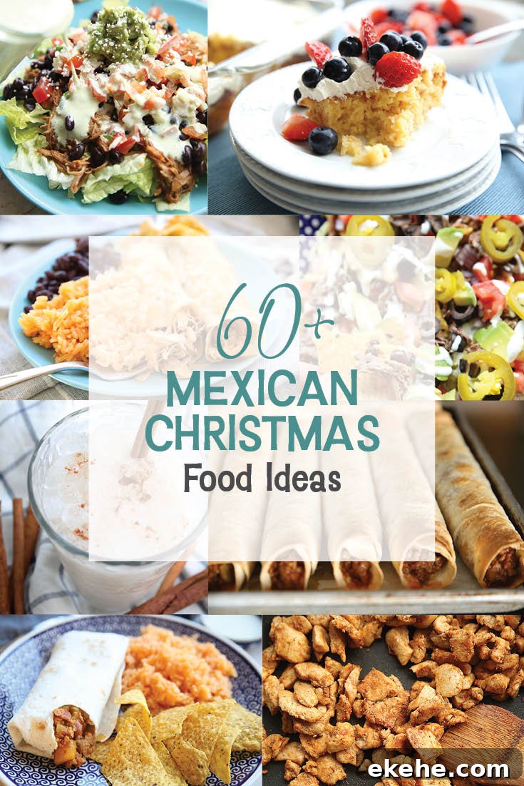 8-photo picture collage of burritos, chicken taco meat, taquitos, horchata drink, enchiladas, tres leches cake, chipotle chicken, and mexican beef. The text of the title is overlaid on the photos in the center of the collage.