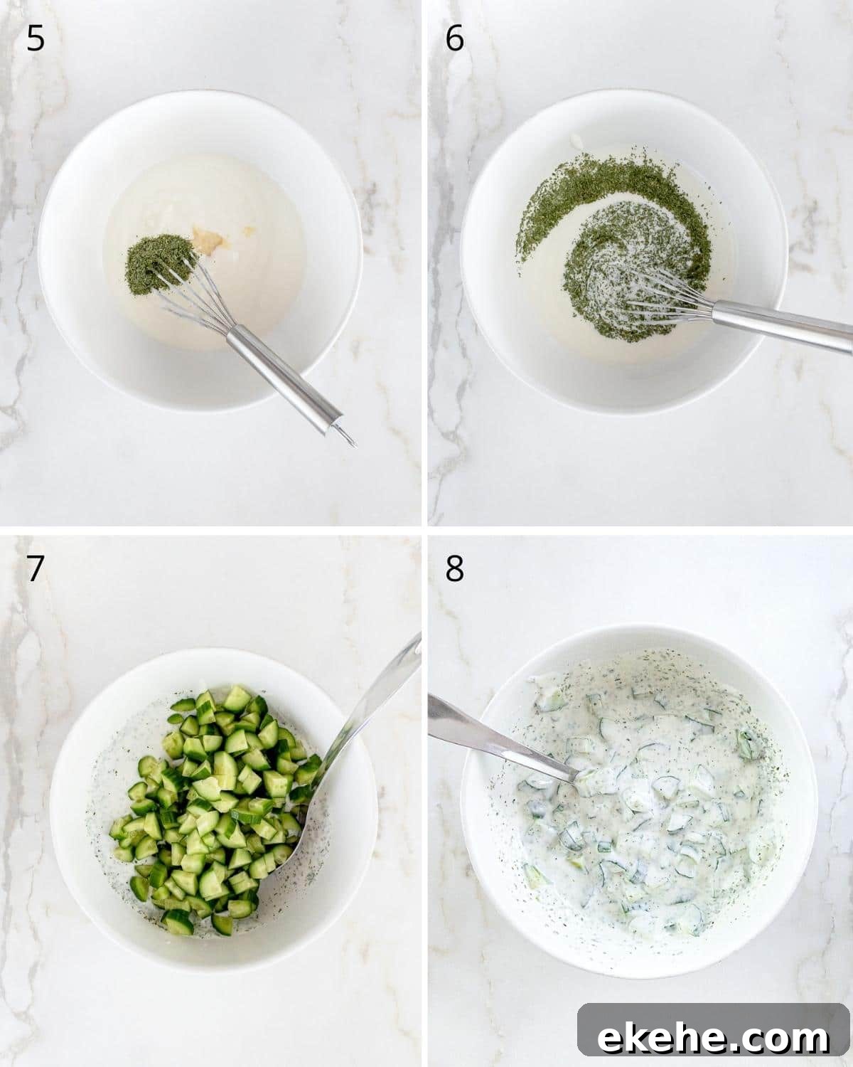 Step-by-step images of how to make cucumber and yogurt salad.