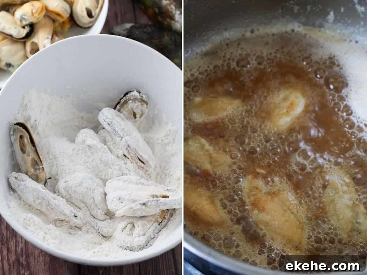 coating the mussels in flour and deep-frying in oil