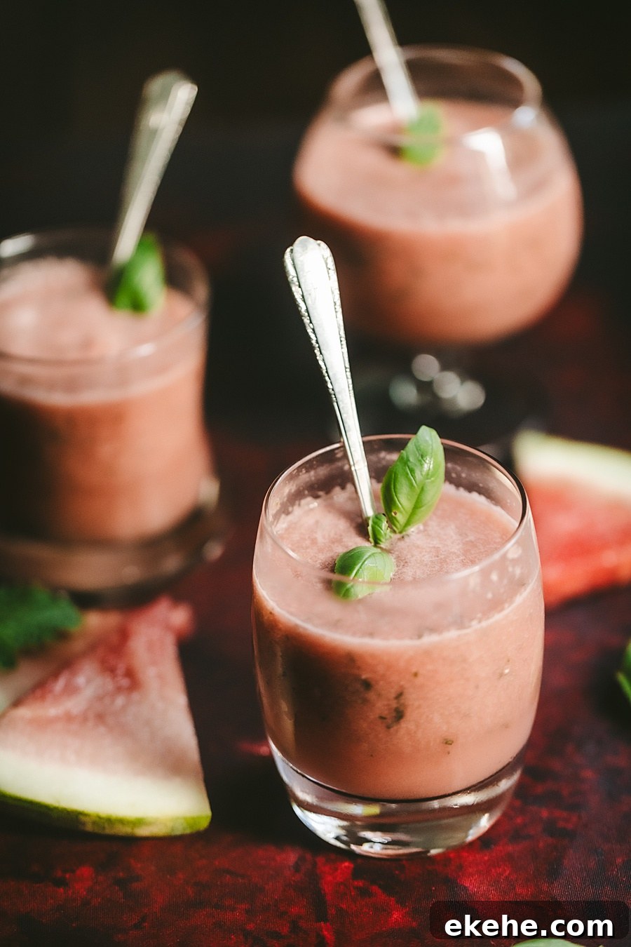 three different style of cocktail glasses with a watermelon basil cocktail surrounded by slices of watermelon