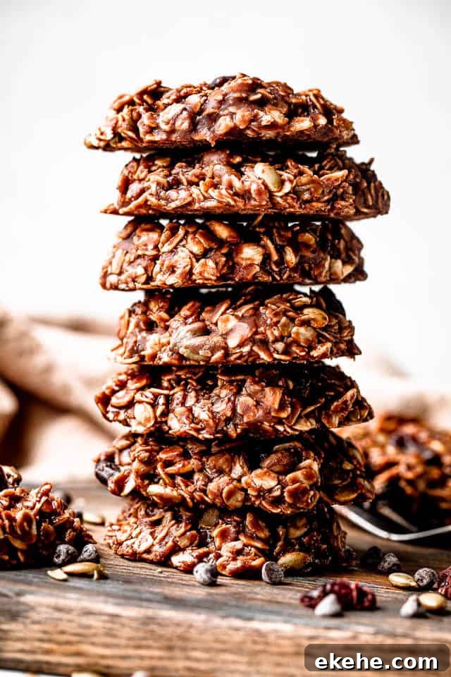 close up shot of a stack of seven no-bake cookies