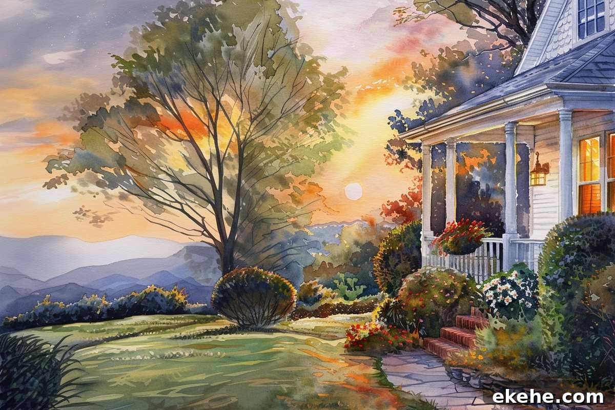 cozy white farmhouse at dusk