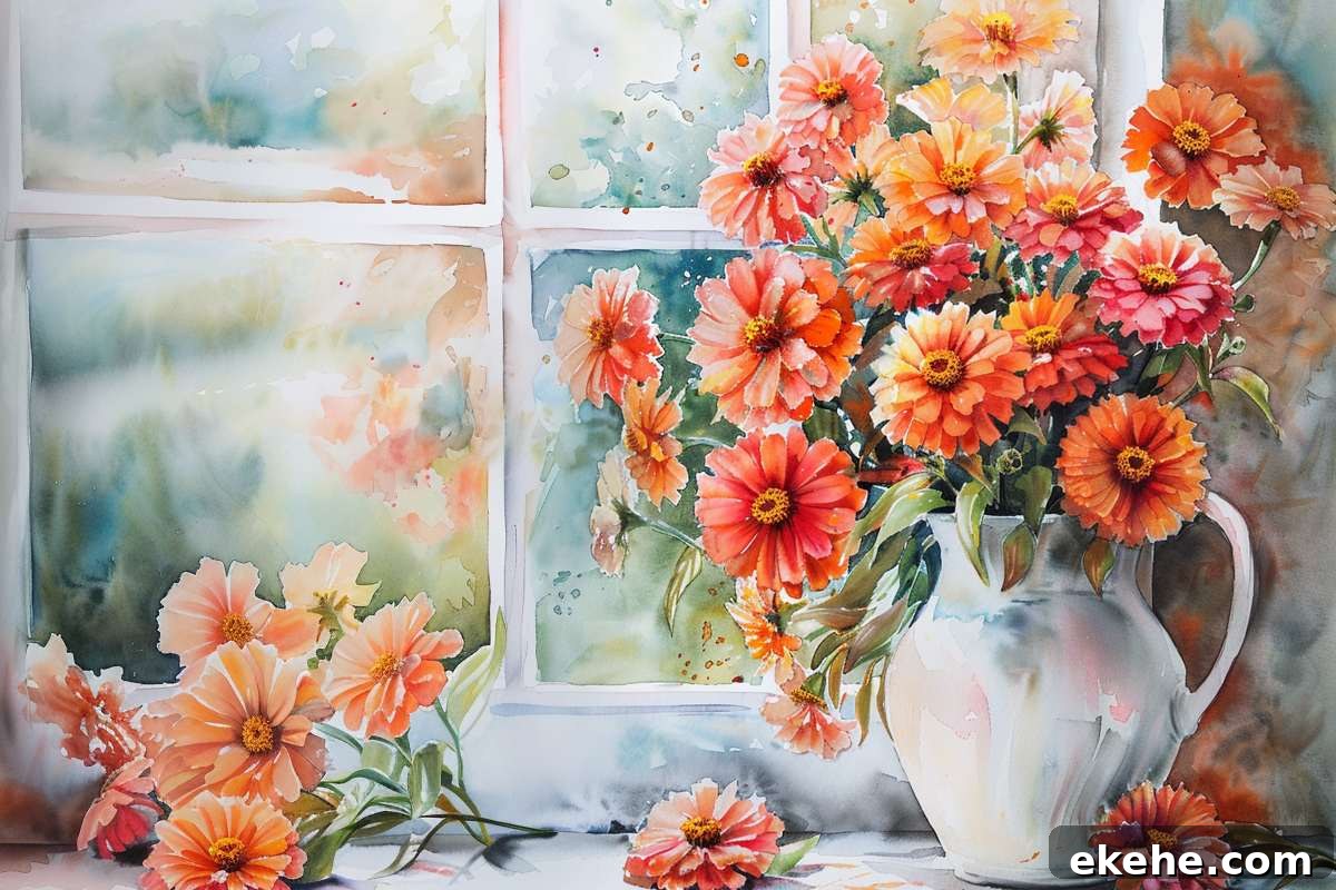 An illustration of a vibrant bouquet of orange and red flowers in a white vase set against a soft-focus background seen through a paneled window.