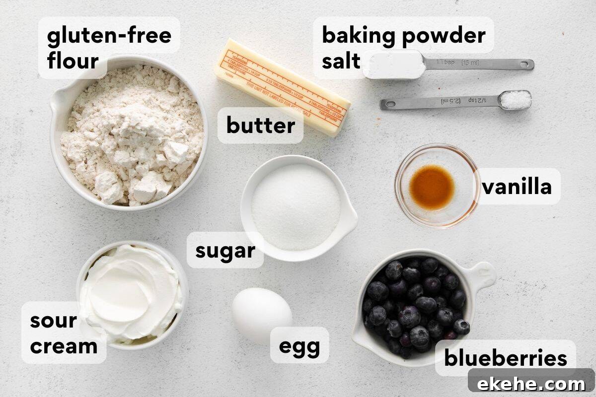 blueberry scones ingredients measured and labeled.
