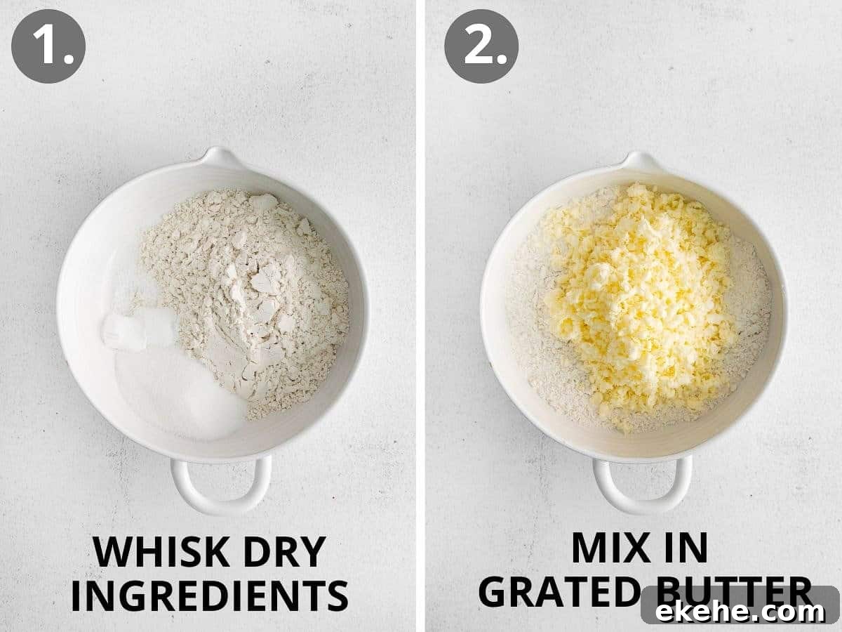 Dry ingredients in a bowl, then grated butter mixed in.