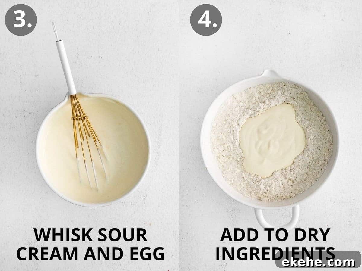 Sour cream and egg in a bowl, then mixed in with dry ingredients.