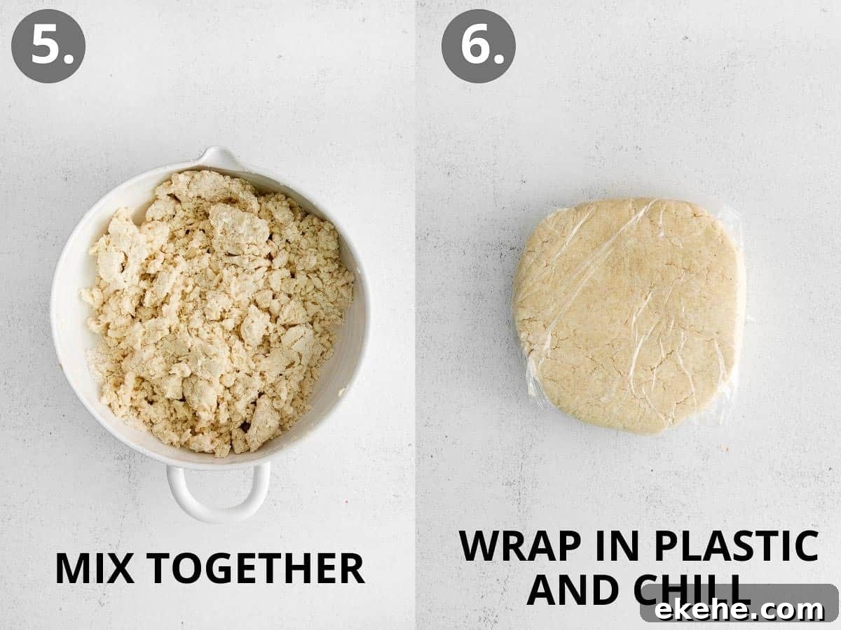 Scone dough in a bowl and scone dough wrapped in plastic wrap.
