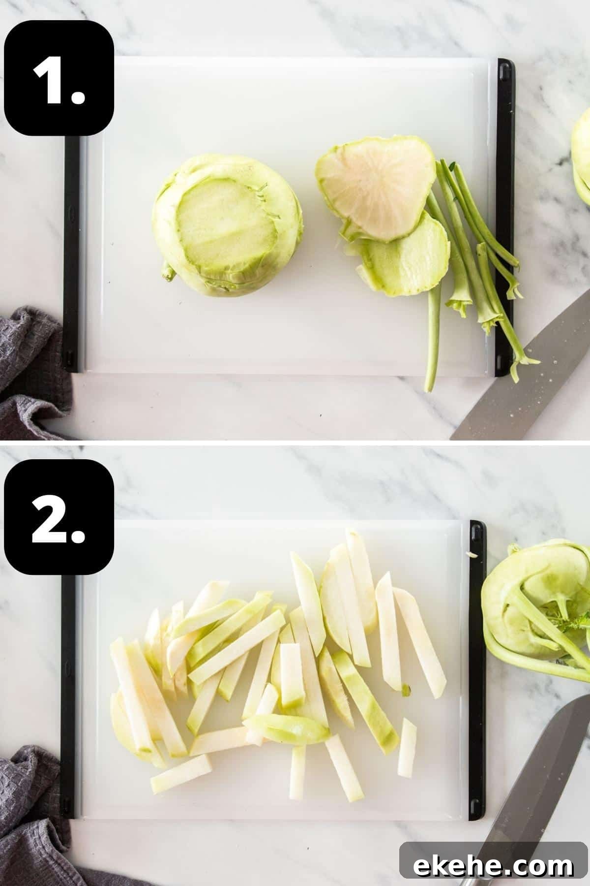 Steps 1-2 of preparing this recipe - peeling the kohlrabi and cutting it into pieces.
